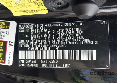 2011 Toyota Venza Base V6 from USA, damaged, VIN 4T3BK3BB5BU053018